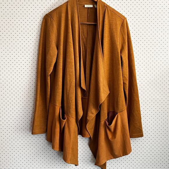 Logo Lori Goldstein Open Front Cardigan M Mustard Yellow Tan Faux Suede Sweater - Picture 1 of 8